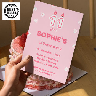 pink 11th birthday invitation girls