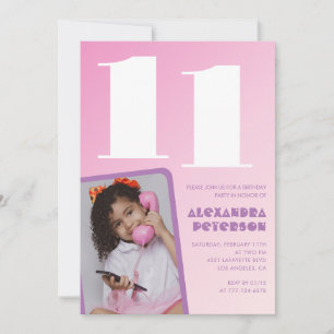Pink 11th birthday invitations Girl Retro Photo