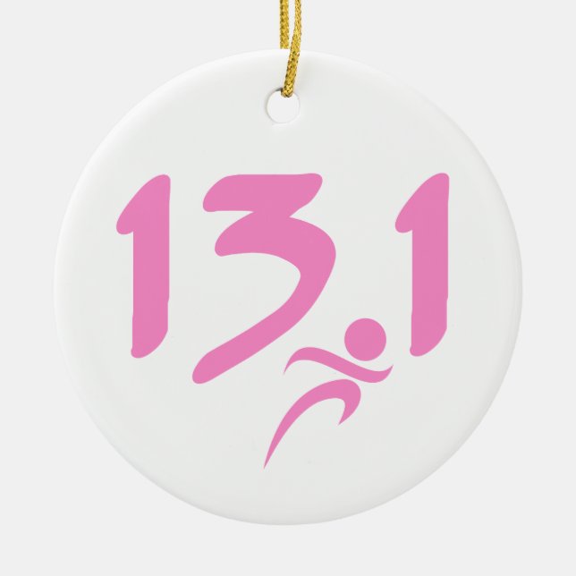 Pink 13.1 half-marathon ceramic tree decoration (Front)