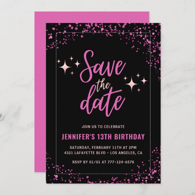 Pink 13th birthday invitations Save the date Glam (Front/Back)