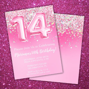 Pink 14th Birthday Invitation Girly Pink Glitter