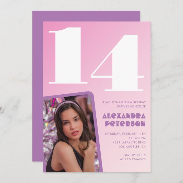 Pink 14th birthday invitations Girl Retro Photo (Front/Back)