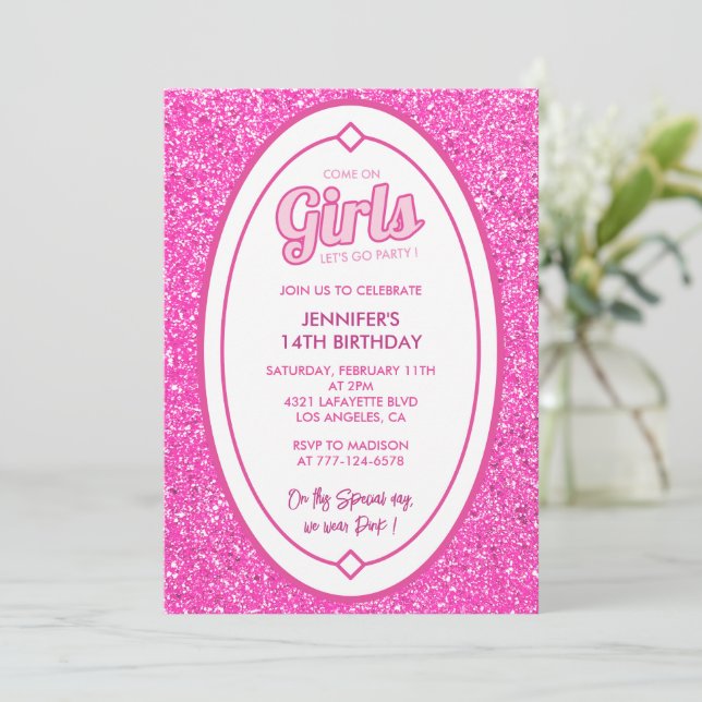 Pink 14th birthday invitations Glitter fushia (Standing Front)