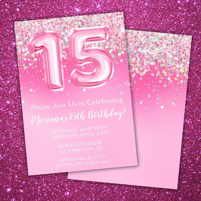 Pink 15th Birthday Invitation Girly Pink Glitter (Creator Uploaded)