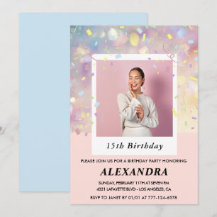 Pink 15th birthday invitations Confetti Photo 