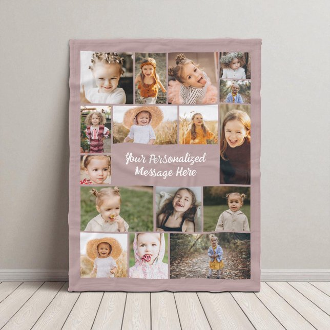 Pink 16 Photo Collage Modern Personalised Custom  Fleece Blanket (Creator Uploaded)