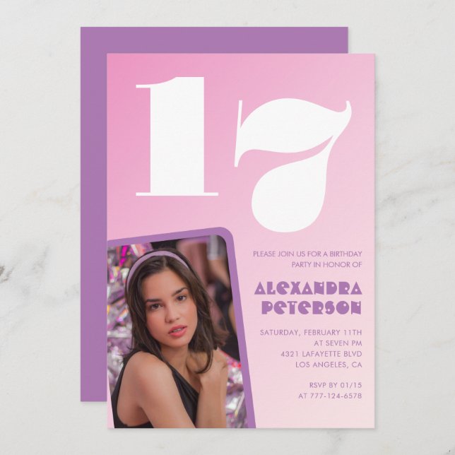 Pink 17th birthday invitations Retro Photo (Front/Back)