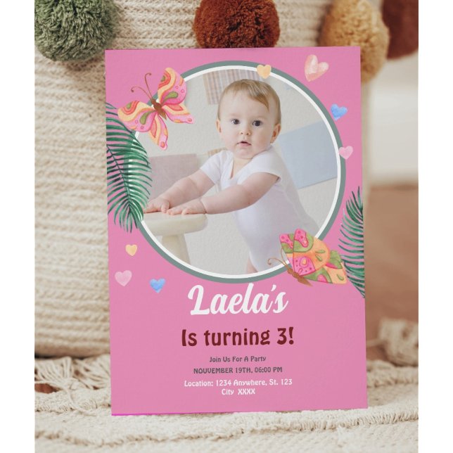 Pink 1st Birthday Butterfly Invitation with Photo (1st Birthday Invitation,
Butterfly Birthday Invitation,
Pink and Green Birthday Invitation,

Photo)