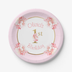 Pink 1st Birthday Girl Floral Party Paper Plate