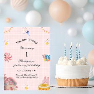 Pink 1st Birthday Invitation 