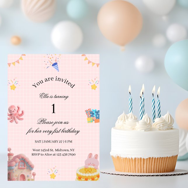 Pink 1st Birthday Invitation  (Creator Uploaded)