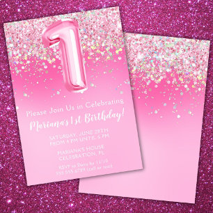 Pink 1st Birthday Invitation Girly Pink Glitter