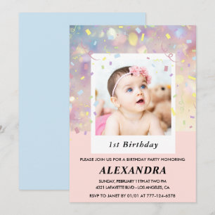Pink 1st birthday invitations Confetti Photo 