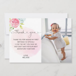 Pink 1st Birthday Photo Thank You Card