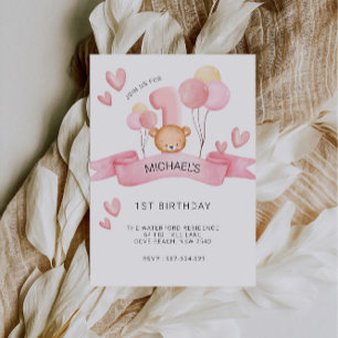 Pink 1st Birthday, Teddy Bear Invitation