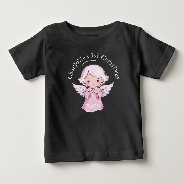 Pink 1st Christmas Girls Angel Cute 2025 Black Baby T-Shirt (Front)