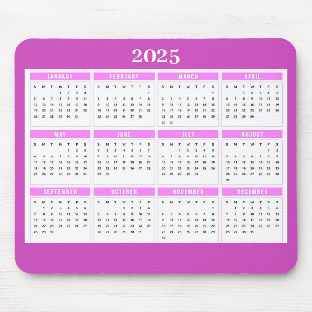 Pink 2025 Monthly Weekly Girly Calendar   Mouse Pad (Front)