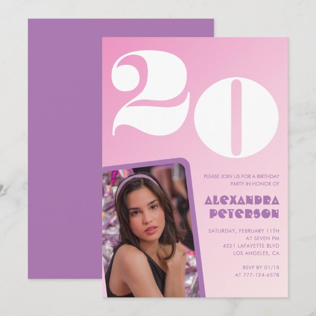 Pink 20th birthday invitations Retro Photo (Front/Back)