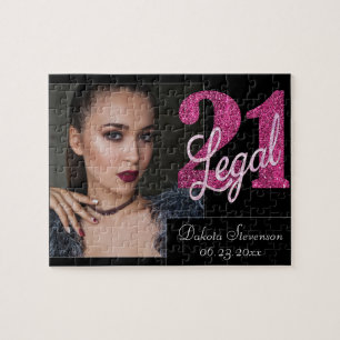 Pink 21 and Legal Modern 21st Birthday Photo Jigsaw Puzzle