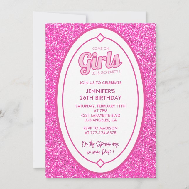 Pink 26th birthday invitations Glitter Girl (Front)
