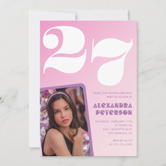 Pink 27th birthday invitations Retro Photo (Front)