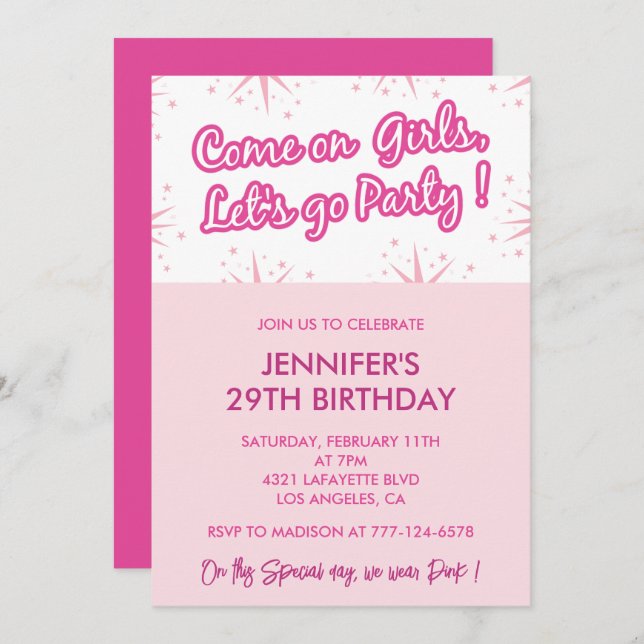 Pink 29th birthday invitations trendy fun Girl (Front/Back)