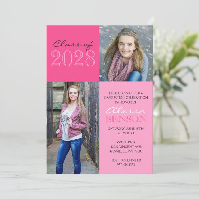 Pink 2 Toned Classic 2 Photo Graduation Invitation (Standing Front)
