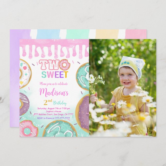 Pink 2nd Birthday Doughnut Party Photo Invitation (Front/Back)