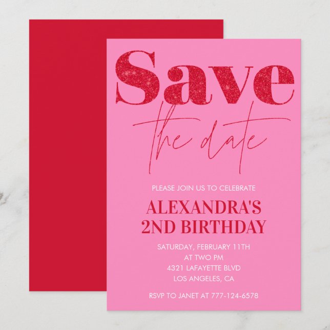 Pink 2nd birthday invitations Save the date Chic (Front/Back)