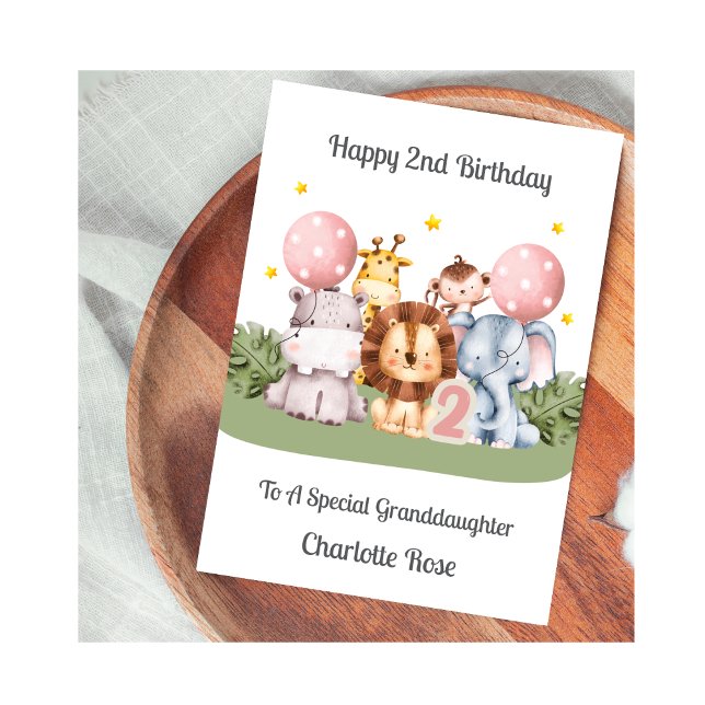 Pink 2nd Birthday Safari Leaf Animals Card (Creator Uploaded)