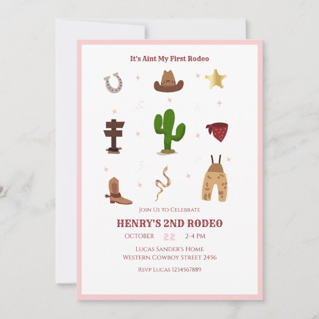 Pink 2nd Rodeo Cowboy Kids Birthday  Invitation (Front)