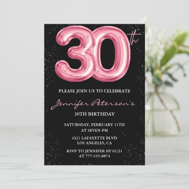 Pink 30th birthday invitations Balloon Glam Black (Standing Front)