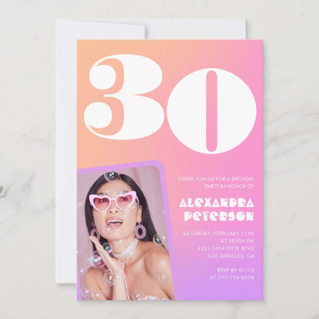 Pink 30th birthday invitations Retro Photo (Front)