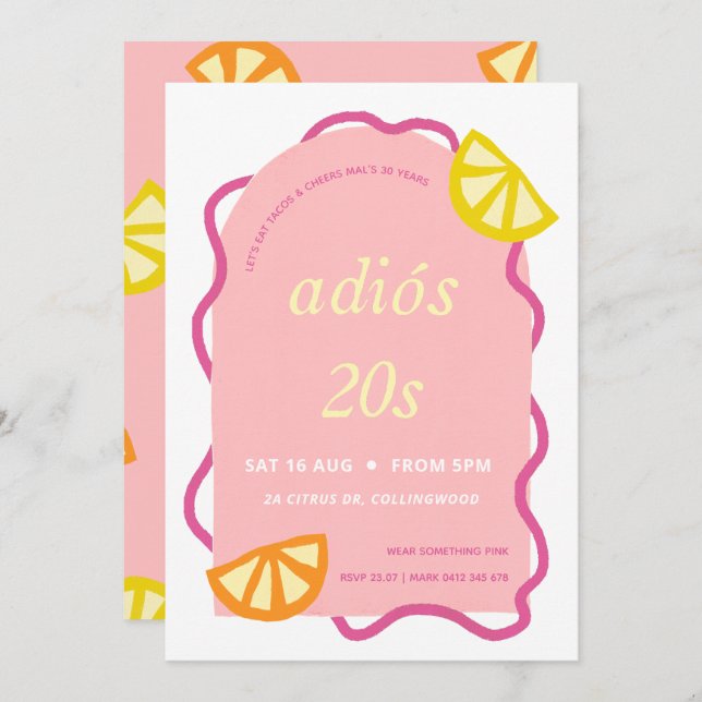 Pink 30th Birthday Mexican Adios 20s Party Invitation (Front/Back)