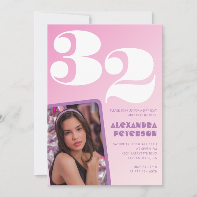 Pink 32nd birthday invitations Retro Photo (Front)