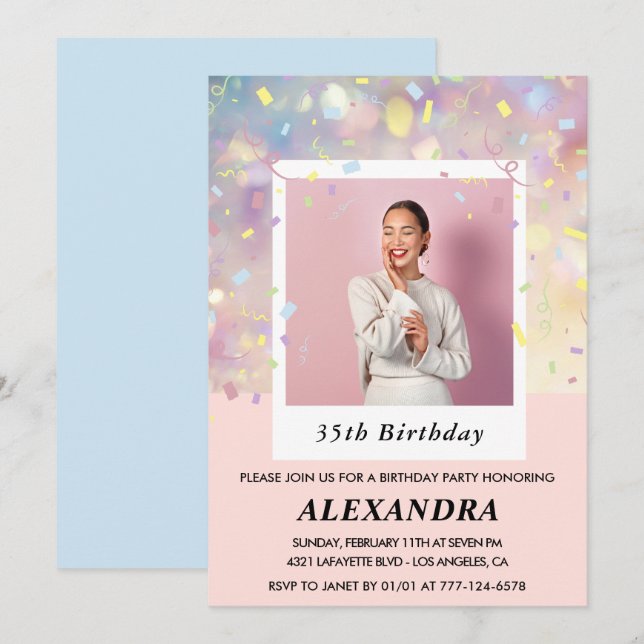 Pink 35th birthday invitations Confetti Photo  (Front/Back)