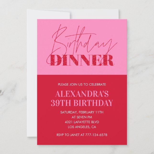 Pink 39th birthday invitations Birthday Dinner (Front)