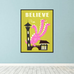 Pink 3 headed dragon castle retro pop art canvas print
