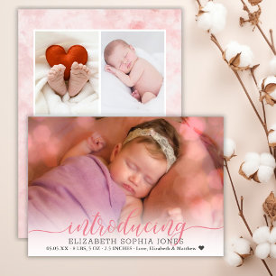 Pink 3 Photo Collage Birth Announcement Card