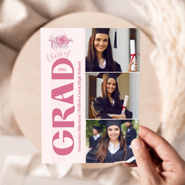 Pink 3 Photos Coquette  Bow Graduation Announcement (Creator Uploaded)