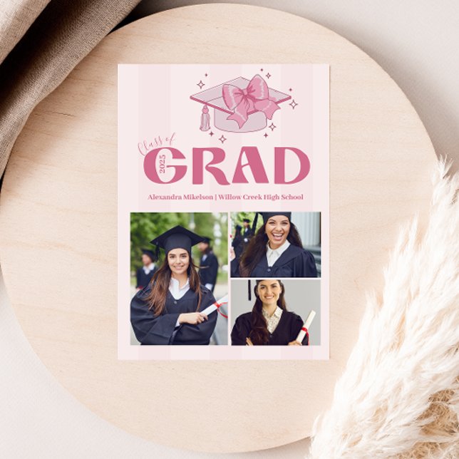 Pink 3 Photos Coquette  Bow Graduation Party Announcement (Creator Uploaded)