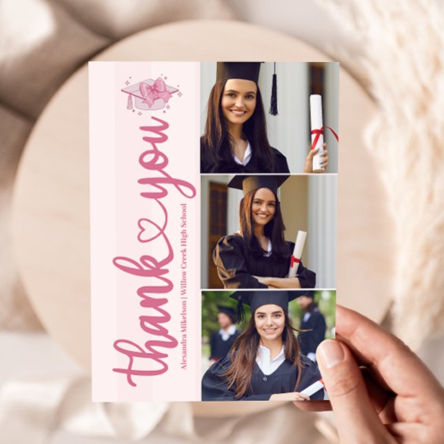 Pink 3 Photos Coquette  Bow Graduation Thank You Card (Creator Uploaded)