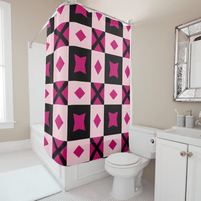 Pink 3 tone checkered shower curtain (In Situ)