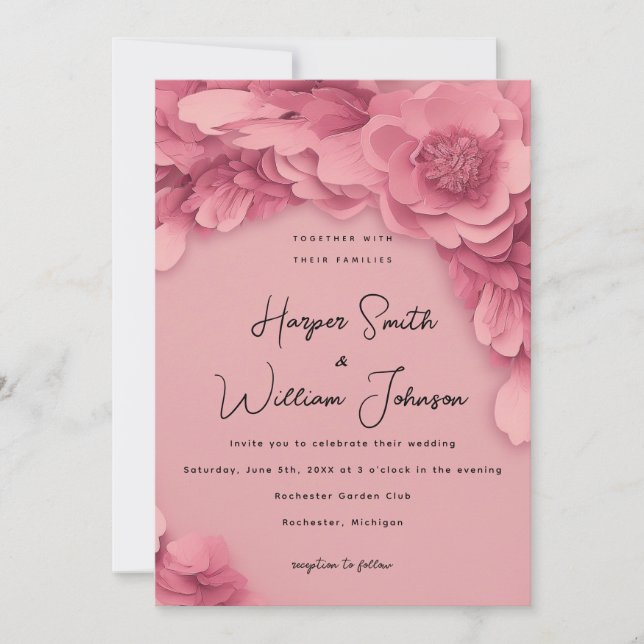 pink 3d floral wedding invitation (Front)