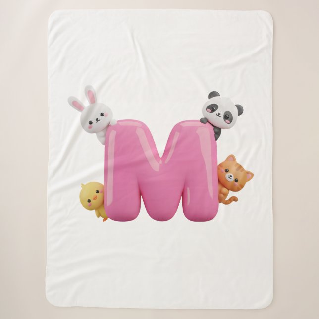 Pink 3D Letter M Sherpa Throw Blanket with Animals (Front)