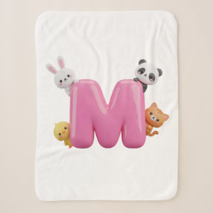 Pink 3D Letter M Small Sherpa Blanket with Animals