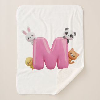 Pink 3D Letter M Small Sherpa Blanket with Animals