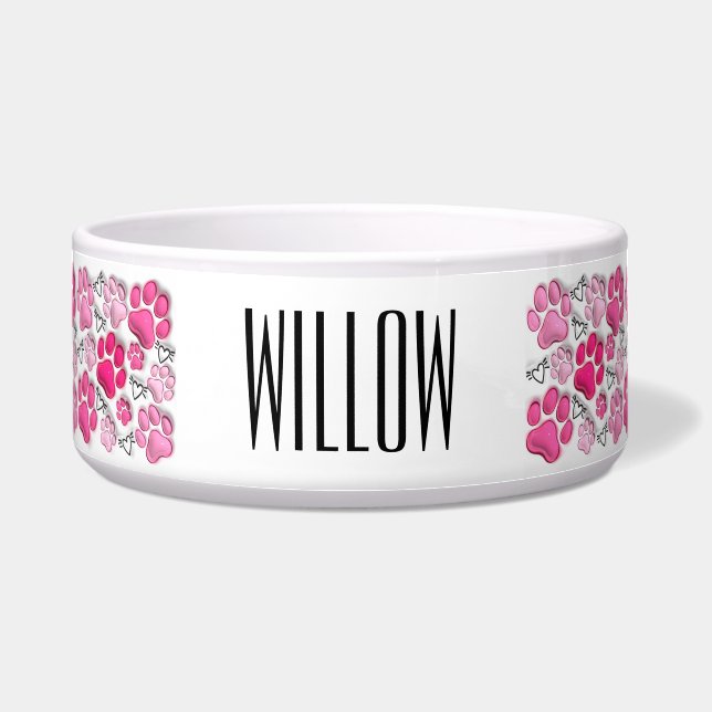 Pink 3D Paw Prints and Hearts Dog Water Food (Front)