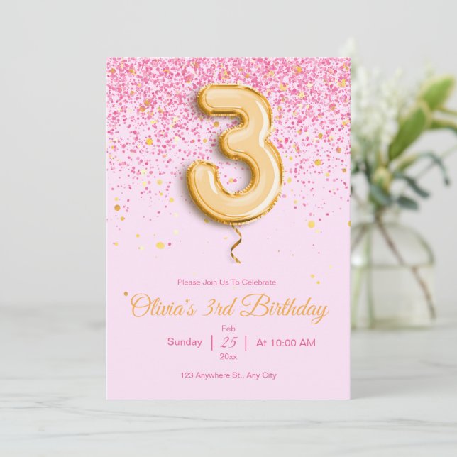 Pink 3rd Birthday Invitation Glitter girl Birthday (Standing Front)