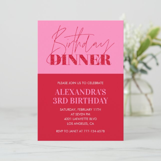 Pink 3rd birthday invitations Birthday Dinner (Standing Front)